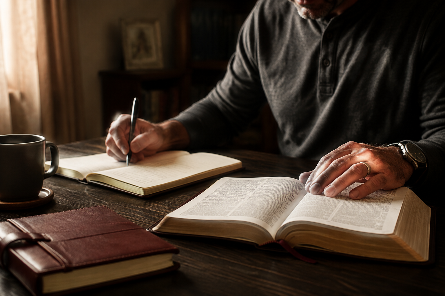 Persona estudiando la Biblia y tomando notas